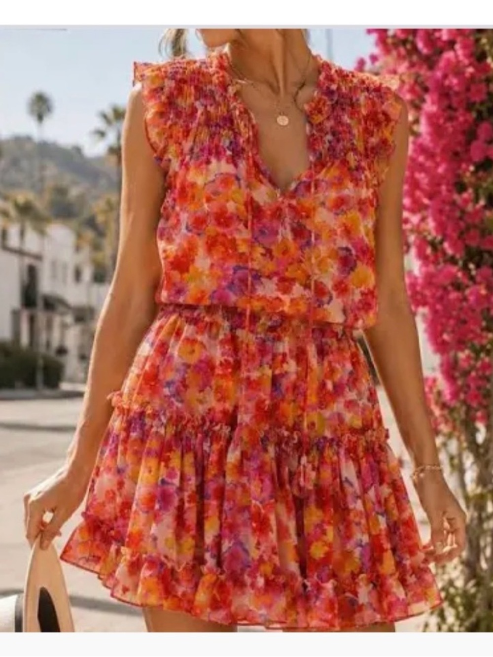 Misa S vibrant floral elastic waist ruffled trim sleeveless whimsical midi dress